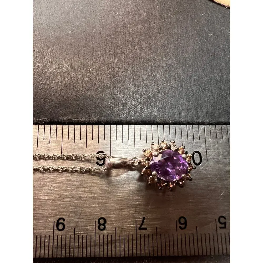 NEW amethyst and brown zircon halo pendant in sterling silver with vintage chain
